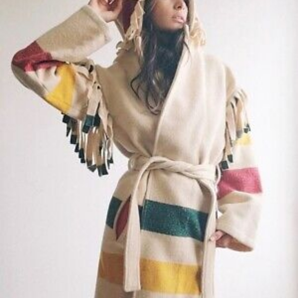 Vintage RARE Woolrich Hudson Bay Stripe Capote Fringe Blanket Coat w Pointy Hood